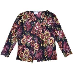 Alberto Makali Top Womens Large Dark Floral Fall Semi‎ Sheer Open Front Crinkle